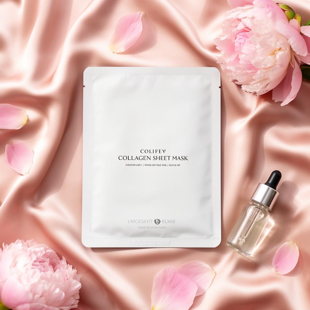 Collagen sheet mask flat lay with peonies